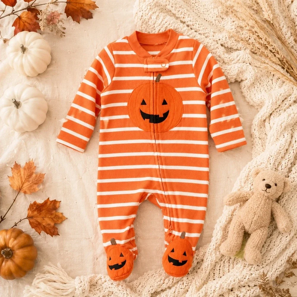 Carters Just One You Baby 3M Halloween Pumpkin Waffle Knit 2-Way Zip Sleeper